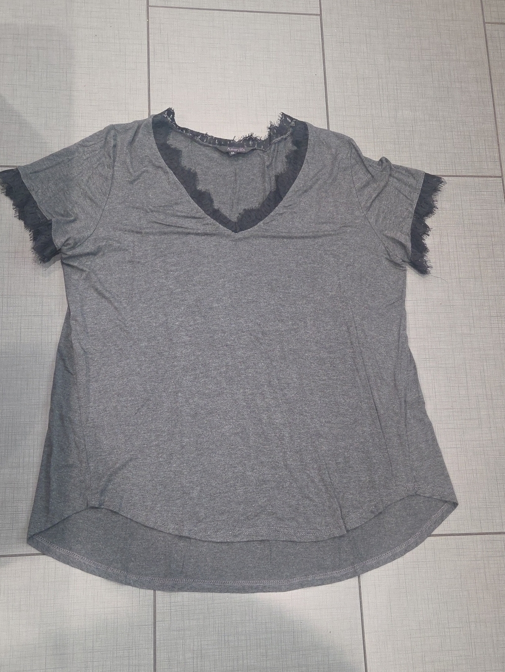 Amaryllis Gray Short Sleeve V-Neck Top with Lace Trim